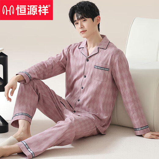 
Hengyuanxiang pajamas men's spring and autumn long-sleeved cotton large-size casual plaid autumn and winter thin style for men's home clothes OMM-12003 L