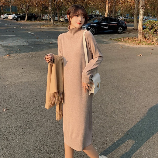 XuanNi high collar knitted dress for women 2020 mid-length sweater loose bottoming black long skirt for women over the knee simple Hepburn style XNMK1267 khaki one size