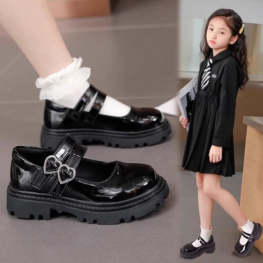 Xianzheyi Girls' Leather Shoes 2024 Spring and Autumn New Children's Performance Shoes Black Dance Shoes Princess Shoes Middle-aged Girls' Shoes Black Patent Leather Choose Inner Length According to Foot Length