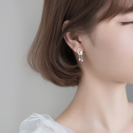 Hazel Orange S999 silver five-pointed star earrings for women light luxury moon zircon pendant pure silver earrings small fresh earrings for girlfriend 999 silver moon star pendant E24