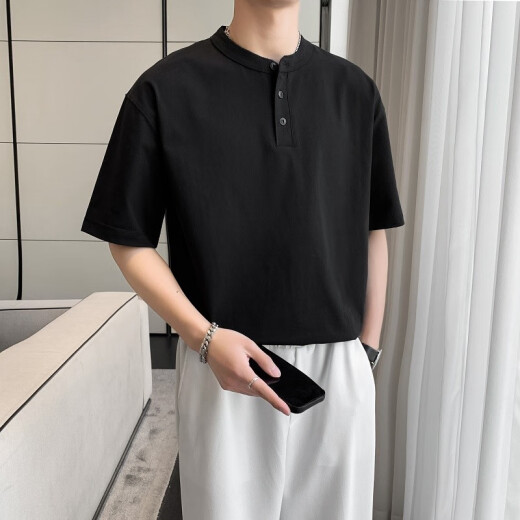 Heavy heavy cotton Henry shirt short-sleeved T-shirt men's summer American retro trend ins loose casual Henry neck T-shirt white M (recommended 111Jin[Jin equals 0.5 kg]-130Jin[Jin equals 0.5 kg])
