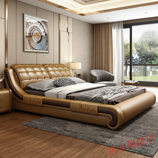 Leather bed double bed 1518 meters modern simple wedding bed leather art bed master bedroom furniture 1500*1900 storage version bed nightstand*15885D latex mattress