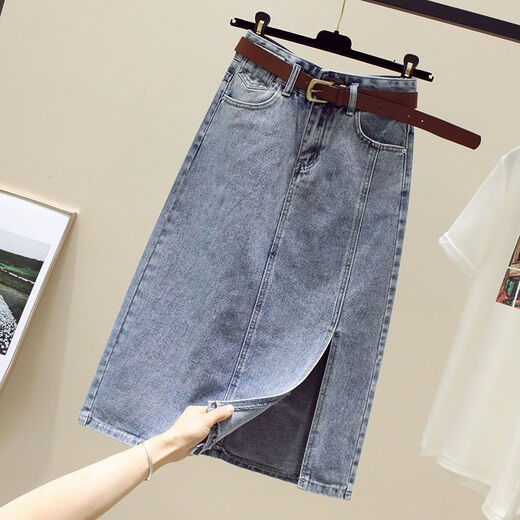 Zuo Feiluo denim skirt for women spring and summer 2023 temperament slit medium-length high waist A-line slim hip long skirt 9882 [light blue] S