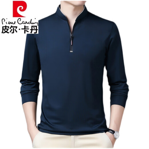 Pierre cardin high-end pure cotton long-sleeved T-shirt for men's new zippered stand collar middle-aged and young people large size knitted comfortable polo. Shirt trendy long sleeves 6623 Haqing thin model M 165 suggestion 120 Jin [Jin equals 0.5 kg]