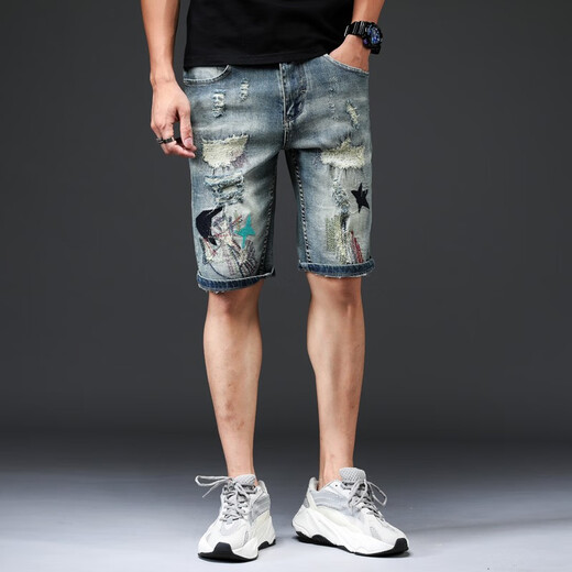 Niu Bafang Neue Sommer -Internet -Promi Stickerei Rippte Haired Cat Whisker Denim Shorts Herrenmodische Marke Persönlichkeit Modetrend Elastischer Sommer -Männer -Denim -Shorts 826 Hellblau Größe 34 (zwei Füße sieben)
