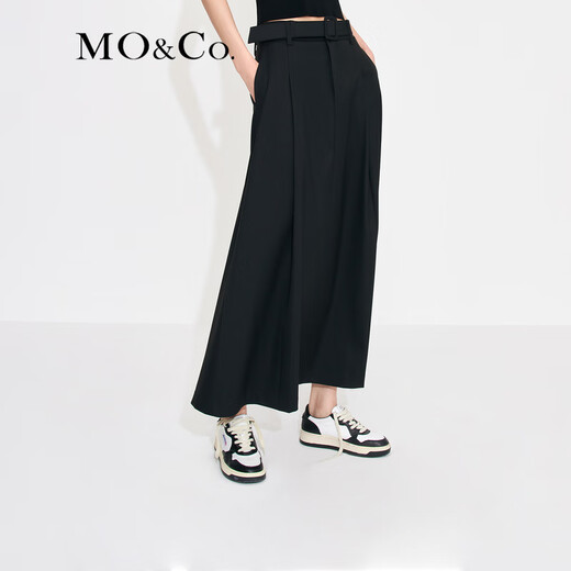 MO&Co. Mid-high waist long pleated loose A-line skirt umbrella skirt (with belt) design skirt Moanke black-2nd batch M 165