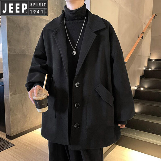 JEEP Men's Casual Windbreaker Spring and Autumn British Style Short Woolen Jacket Trendy Men Youth Loose and Handsome Brand Men's Clothing Black XL Follow the store for priority delivery