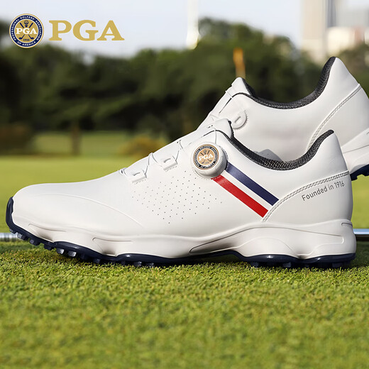 PGA wide golf shoes men's waterproof shoe knob laces anti-side slip fixed spikes soft rubber midsole 301043 white 43
