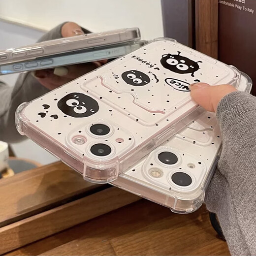 麦巴盾可爱卡通黑色泼墨煤球iphone15手机壳适用苹果14promax卡包卡套插卡13pro手提挂绳链条全包防摔女 壳+煤球挂绳 iphone15