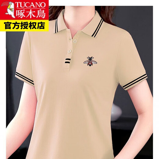Woodpecker [pure cotton] short-sleeved T-shirt for women with large size summer new loose lapel POLO. shirt sports body 675 black POLO shirt XL Recommended 105-115Jin [Jin equals 0.5 kg]