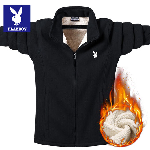 Playboy Sherpa Jacket Men's Jacket Autumn and Winter Velvet Thickened Cardigan Sweatshirt Loose Large Size Fleece Warm Top HH-889 Gray Velvet Thickened L Playboy Authentic Guarantee