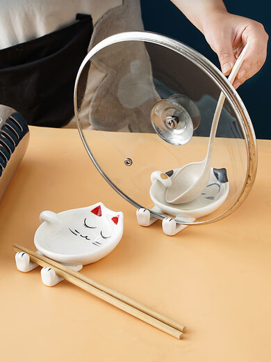 Zhe series pot cover shelf kitchen cartoon ceramic all-in-one spatula storage rack household countertop spatula pad chopstick holder black and yellow striped ear cat (2 pieces)