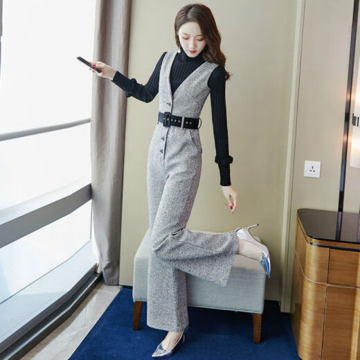 New quality woolen suspender jumpsuit, elegant lady suit, women's 2020 autumn and winter new wide-leg jumpsuit, western style two-piece set, gray jumpsuit (single piece) L