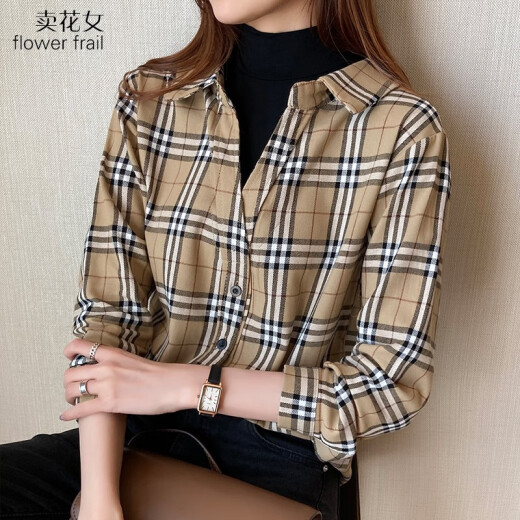 Flower girl shirt women's 2020 autumn and winter versatile loose retro plaid long-sleeved shirt fake two-piece women's top k335 picture color (please take pictures of your corresponding size details and contact customer service)