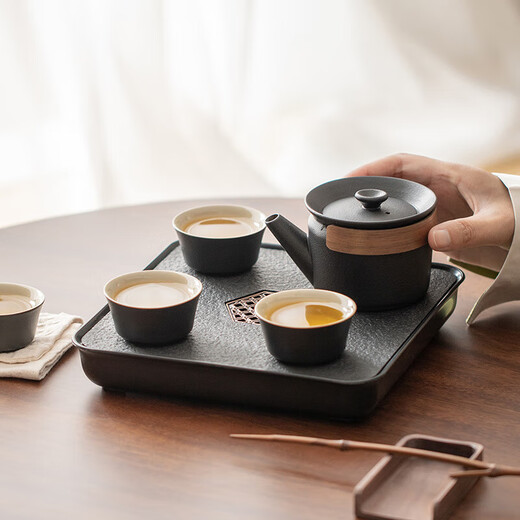
BEYZK small tea plate two people Kung Fu small tea set home simple modern SN3886 Black pottery well railing one pot and two cups imitation black gold small long plate