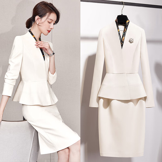 Sugargirl spring and summer high-end professional wear women's suit small suit temperament suit beauty salon jewelry hotel sales work clothes off-white long suit + skirt L