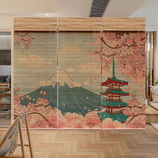 Shuxuan Printed Bamboo Curtain Roller Curtain Roll-pull New Chinese Style Tea Room Zen Door Curtain Sun Shade Partition Decorative Curtain Nine Fish 1m*1m