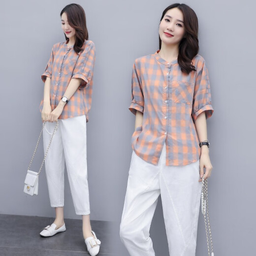 Zhiyili Casual Pants Women's 2021 Spring and Summer New Plaid Shirts Women's Tops Casual Small Foot Nine-Point Pants Western-style Age Reduction Fashion Suits Trendy Pink S