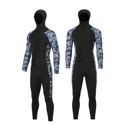 Cross-border 3MM one-piece wetsuit for men in the sea, cold-proof wetsuit, warm swimsuit, snorkeling paddle board surfing suit, rescue 3mm camouflage gray hooded S S
