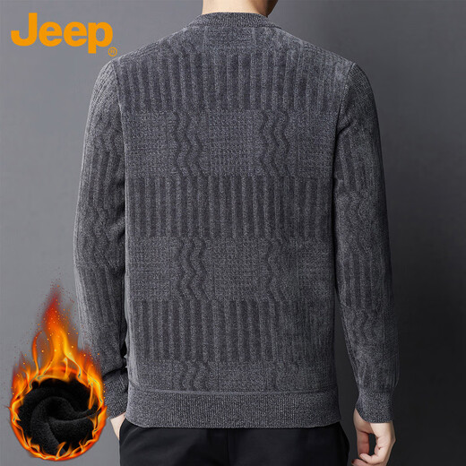 Jeep (JEEP) Sweater Men's Autumn and Winter Velvet Thickened Warm Sweater Men's Round Neck Clothes Men's Dark Gray Velvet XL