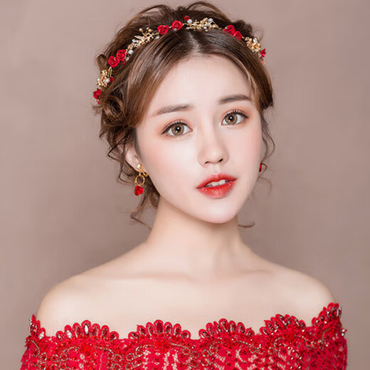 Bridal tiara, Korean style hairband, red hair accessories, fairy headband, toast dress, wedding accessories, rose tiara, headdress + earrings