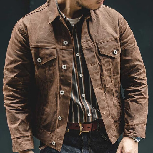 
Maden workwear American retro heavy canvas oil wax jacket for men Ami Kaji slim body clothes tough men's jacket autumn apricot tree palm (not washed) [men's high-end and handsome coat] 3XL