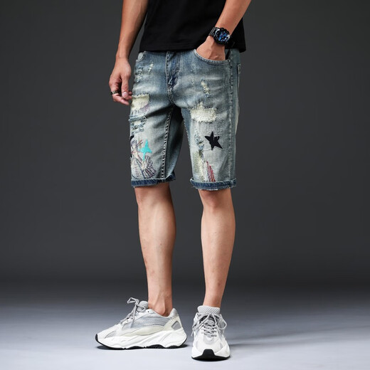 Niu Bafang Neue Sommer -Internet -Promi Stickerei Rippte Haired Cat Whisker Denim Shorts Herrenmodische Marke Persönlichkeit Modetrend Elastischer Sommer -Männer -Denim -Shorts 826 Hellblau Größe 34 (zwei Füße sieben)