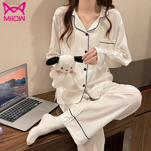 Cat Man (Miiow) Schlafte Frauen koreanischer Stil reine Baumwolle Langarm Cardigan Hosen Hülle großer Spring- und Herbst 2025 Strickjacke: 5009 Cherry L95-115