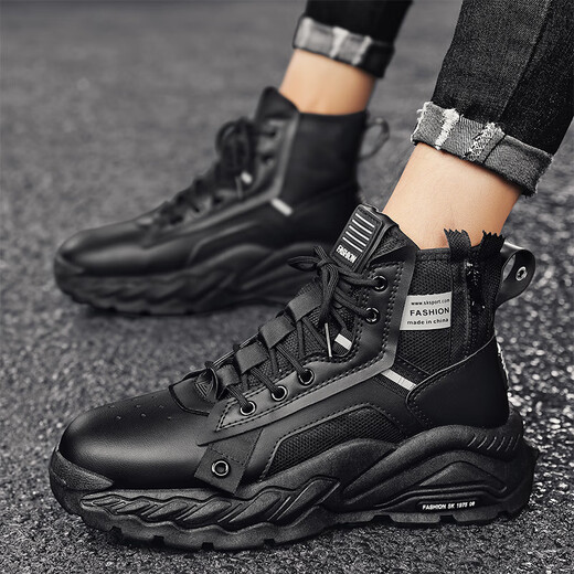 西域骆驼马丁靴男高帮男鞋加绒透气户外时尚运动厚底沙漠作战训靴工装短靴 黑色 41