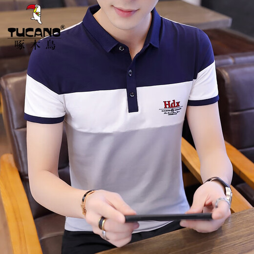 Woodpecker Summer T-shirt for men's pure cotton short-sleeved slim-fitting trend Korean version of young men's lapel T-shirt collar half-sleeved PoIo base shirt 8061 black XL [recommended 115-130Jin [Jin equals 0.5 kg]]