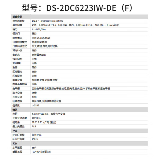 海康威视球机6英寸室外监控摄像头云台光学变焦监控器360度全景自动巡航 DS-2DC6223IW-DE【200万POE】 标配