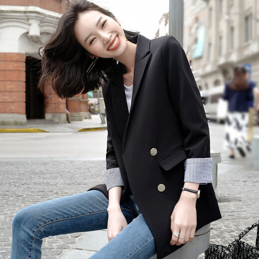 
Troman suit jacket for women mid-length versatile British style spring wear 2022 spring and autumn double-breasted casual commuter women's small suit top SY687 black L