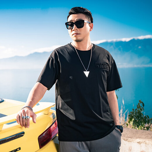 Tanye large size men's T-shirt men's fat men's T-shirt summer cotton tops fat brother loose plus fat personality embossed short-sleeved men t22127 black 4XL recommended 205-215Jin Jin is equal to 0.5 kg