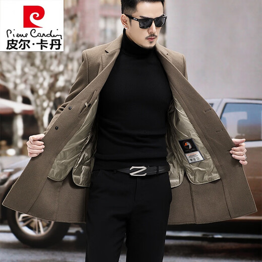 皮尔卡丹（pierre cardin）冬季双面羊绒大衣男中长款加厚鹅绒内胆男士高端羊毛呢外套西装领 黑色 170/M