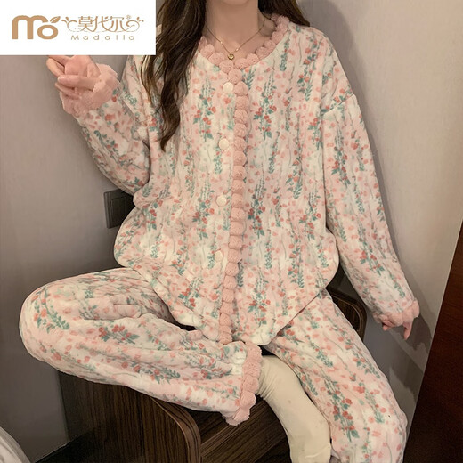 莫代尔碎花复古法兰绒睡衣女款冬季2024新款加绒加厚珊瑚绒秋冬款家居服 OM-4882-方领绒套-蝶结-花朵 S【80-100斤】