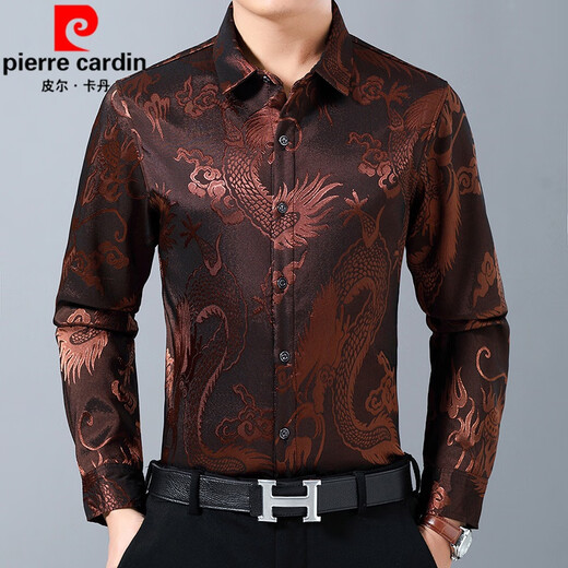皮尔卡丹男装本命年红色龙图礼服秋装中老年男装桑蚕丝长袖衬衫男士衬衣服 715酒红 180/XXL