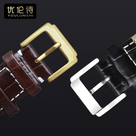 天王手表带替换真皮GS3886 5876 5885 3887男女表带20 22mm针扣蝴蝶扣 黄金针扣-黑色黑线 接口宽度=19mm