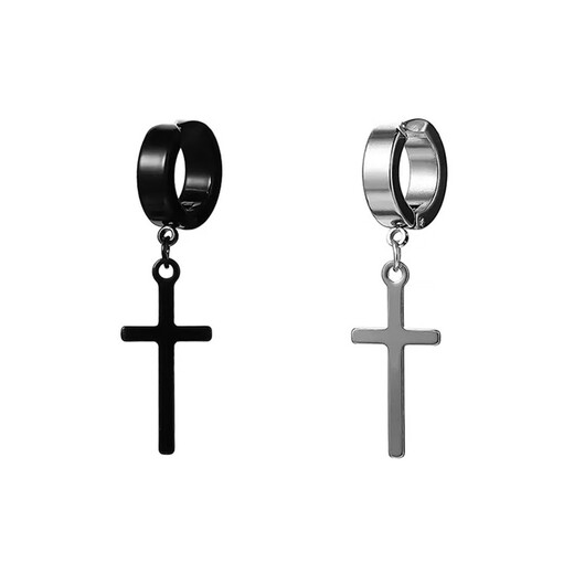 Core luxury cross ear clips for men, trendy American cool and handsome boys' earrings, no punching, no piercings, fake earrings, trendy men's ear jewelry, a pair of black ear clips