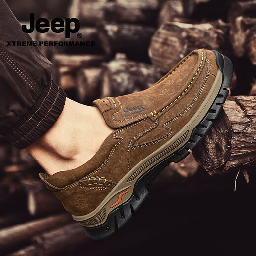 Jeep casual shoes for men in autumn and winter new first-layer cowhide shoes for the elderly, non-slip and wear-resistant business dad leather shoes, khaki standard leather shoe size 41