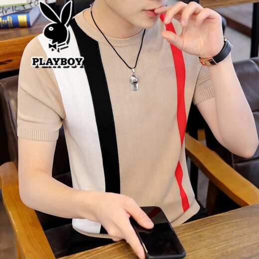Playboy short-sleeved T-shirt for men 2020 summer Korean version slim striped ice silk sweater thin section European station trendy embroidery men's T-shirt half-sleeved 1822 Khaki XL (recommended about 120-135Jin [Jin is equal to 0.5 kg])