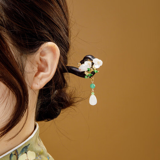 Chimera (CHIMERA) Jade Rabbit Flower Viewing Black Sandalwood Hairpin Ancient Style Updo Hairpin Tassel Walking Cheongsam Hanfu Headwear Girl Birthday Gift