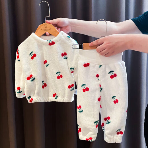 New product, high-end and good quality, baby girl, child outer set, baby clothes, princess 4 fashionable spring and autumn clothes, 0 months, 1 year old, 2 pajamas, home clothes, white pit striped cherry pajamas set 90cm