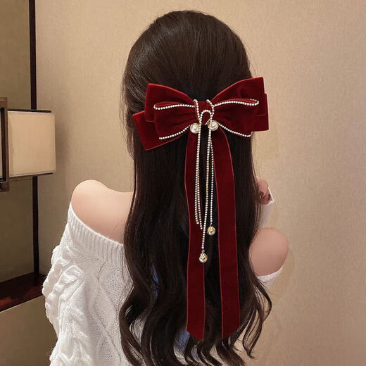 Meng Junchen Chinese style bridal toast dress wedding burgundy bow headdress velvet hairpin female festive velvet hairpin hairpin pearl long pendant velvet butterfly