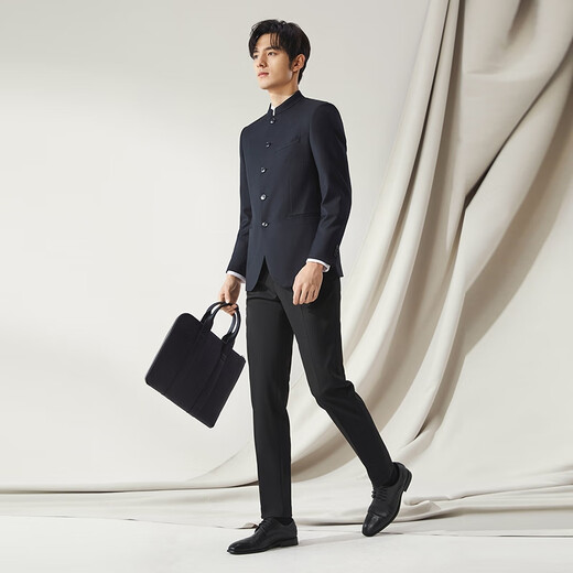 Sept marque [Woolmark] Suit en laine pour hommes printemps et d'été Nouvelles affaires Forme Formal Wear Chinois Stand-Up Cold Western Veste Western 7145 Black 54 (190)
