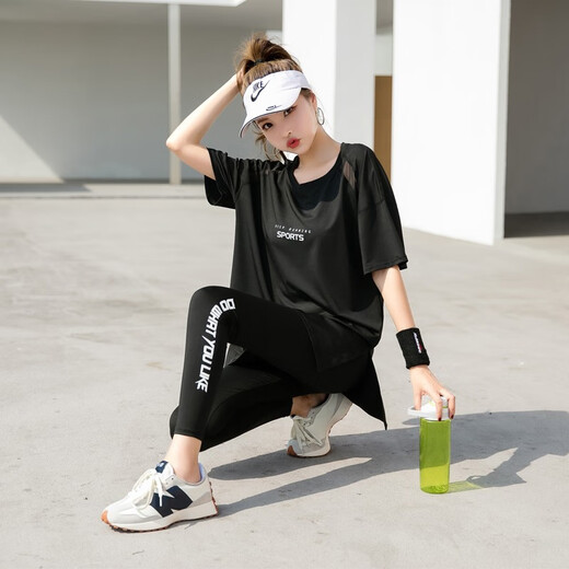 Zuolangdi yoga suit women's fitness suit summer new large size fat mm loose slimming running sports suit black three-piece set M (42-52KG recommended)