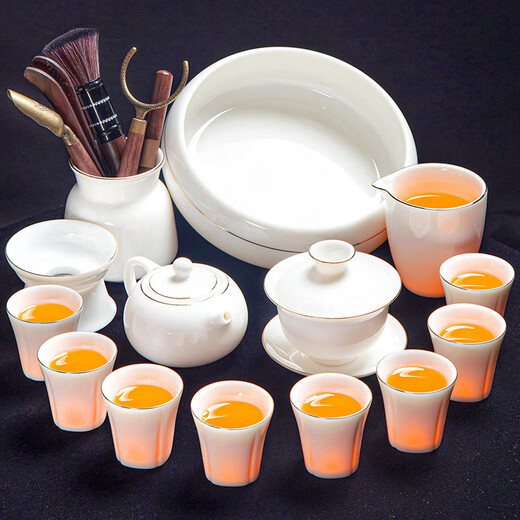 Jingcizhai Mutton Fat Jade White Porcelain Kung Fu Tea Set Home Light Luxury High-End Ceramic Covered Bowl Tea Cup New Complete Set Gold Painting-White Bean Fat Jade Covered Bowl 9-Head Perfect Cup