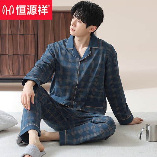 
Hengyuanxiang pajamas men's spring and autumn long-sleeved cotton large-size casual plaid autumn and winter thin style for men's home clothes OMM-12003 L