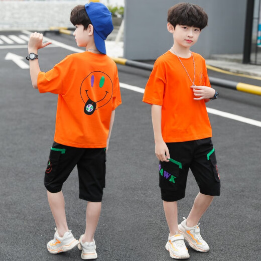 Shiny growth children's clothing boys' suits summer clothes 2020 new children's middle and large children's men's clothing handsome summer Korean version boys summer sleeveless vest summer style two-piece suit orange 150 size recommended height 140-145cm