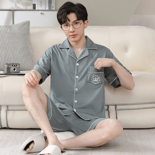 Aifenrou Pyjamas Herren Sommer reines Baumwoll-Kurzarm-Hauskleidung für Teenager im Sommer Casual einfacher dünner Stil großer Anzug 12805Jyr l Gewicht 100-120jin [Jin ist 0,5 kg]