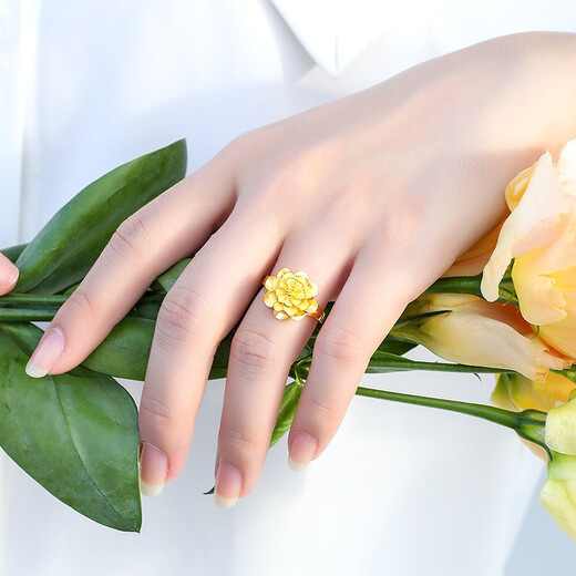 Mengjinyuan Gold Ring Peony Flower Pure Gold Ring as a Birthday Gift for Wife, About 5.4g